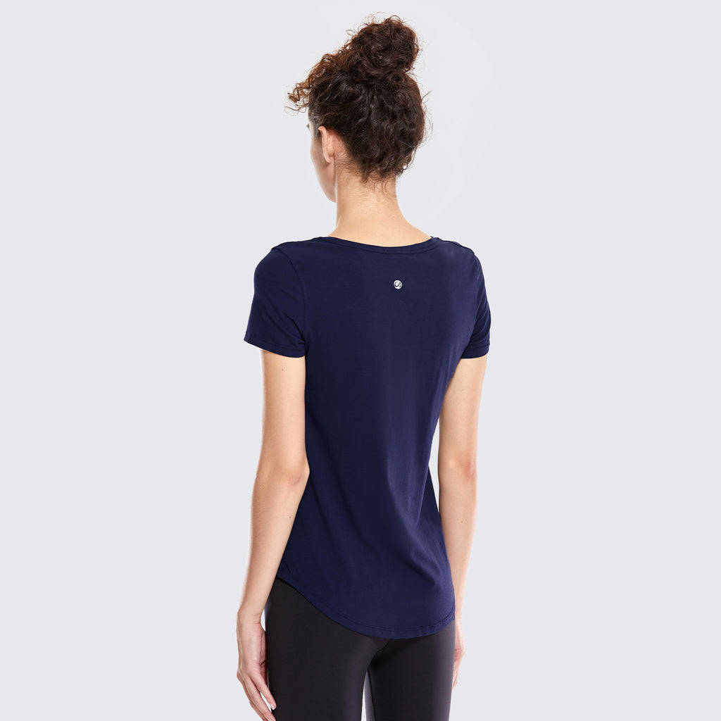 CRZ YOGA Women's Casual Relaxed Fit Shirts Pima Cotton Short Sleeves Navy
