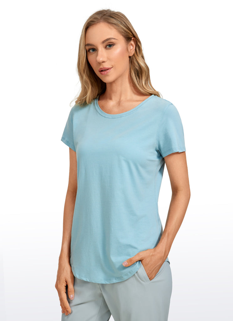 CRZ YOGA Women's Casual Relaxed Fit Shirts Pima Cotton Short Sleeves Pure Blue