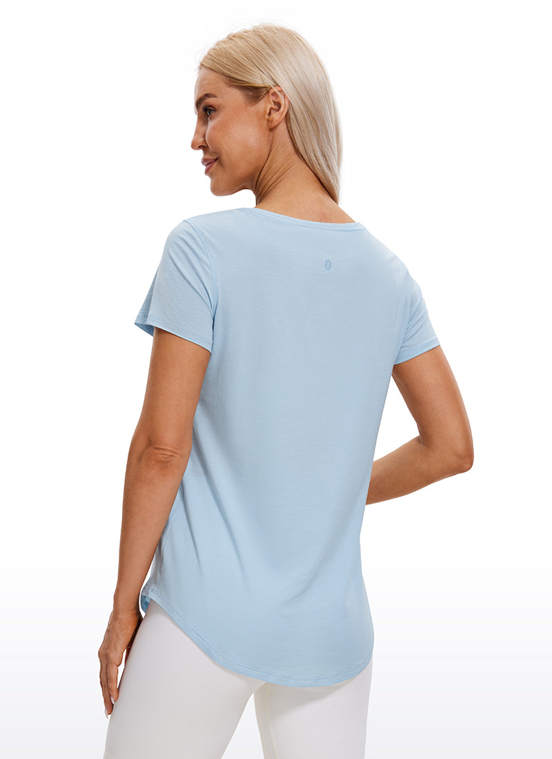 CRZ YOGA Women's Casual Relaxed Fit Shirts Pima Cotton Short Sleeves Blue Linen