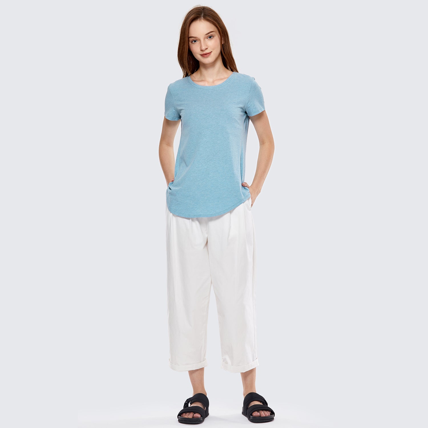 CRZ YOGA Women's Casual Relaxed Fit Shirts Pima Cotton Short Sleeves Heathered Neptune Blue