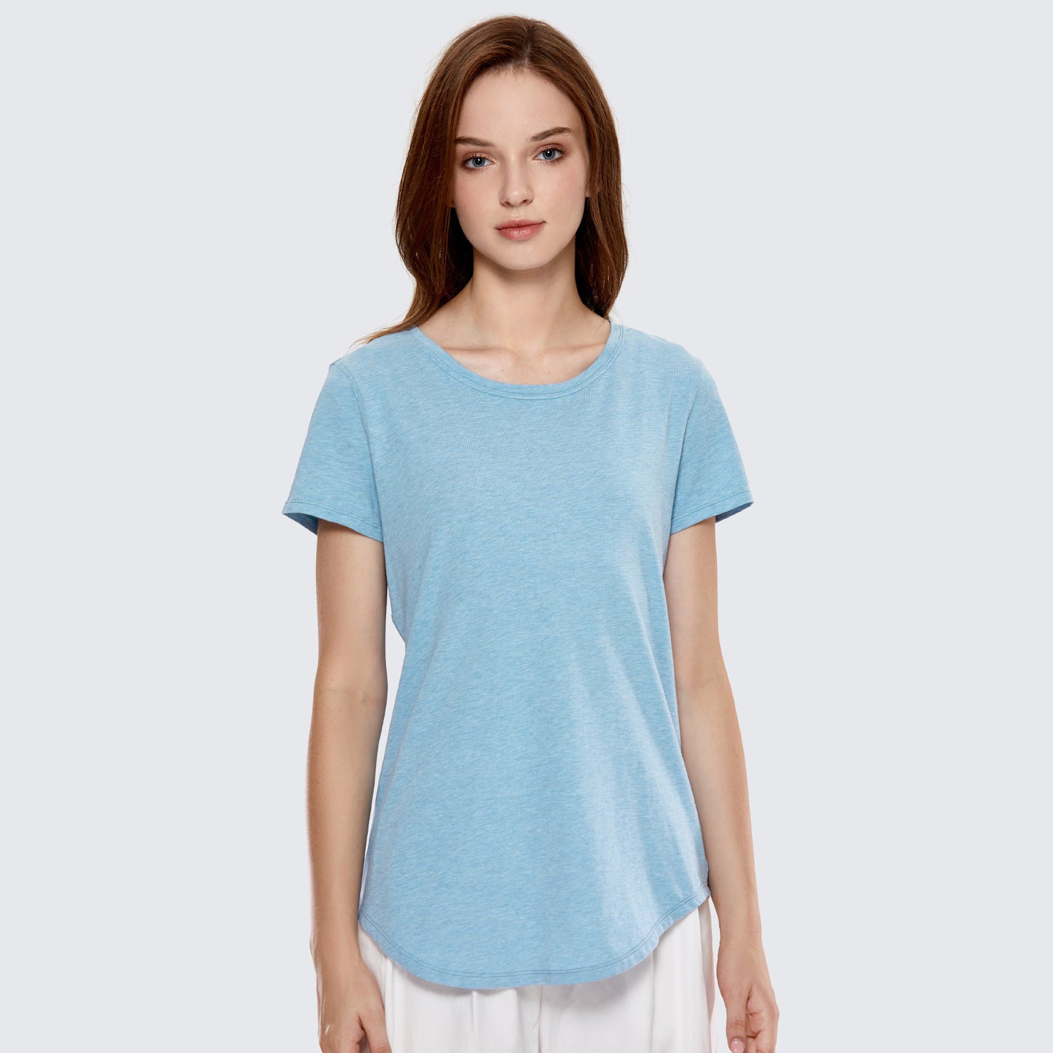 CRZ YOGA Women's Casual Relaxed Fit Shirts Pima Cotton Short Sleeves Heathered Neptune Blue