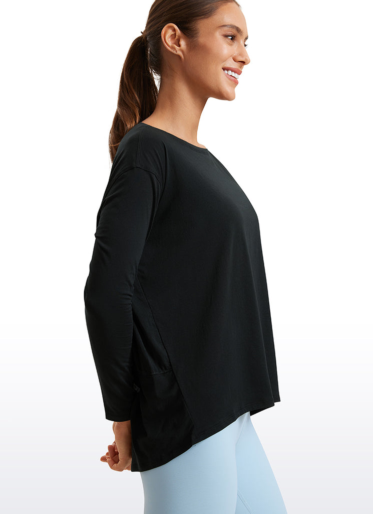 CRZ YOGA Women's Casual Loose Fit Pima Cotton Long Sleeves Boat Neck Black