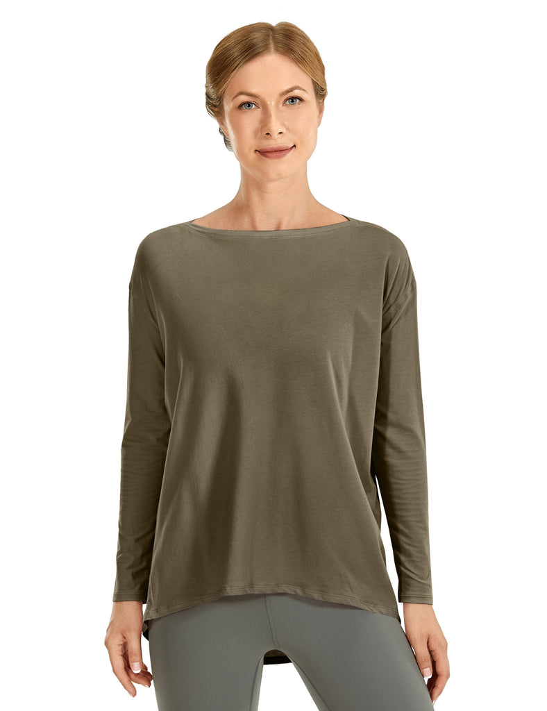 CRZ YOGA Women's Casual Loose Fit Pima Cotton Long Sleeves Boat Neck Carbon heather