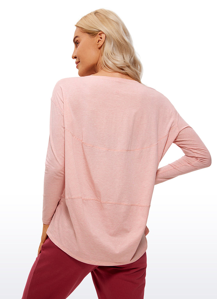 CRZ YOGA Women's Casual Loose Fit Pima Cotton Long Sleeves Boat Neck Peach Pink