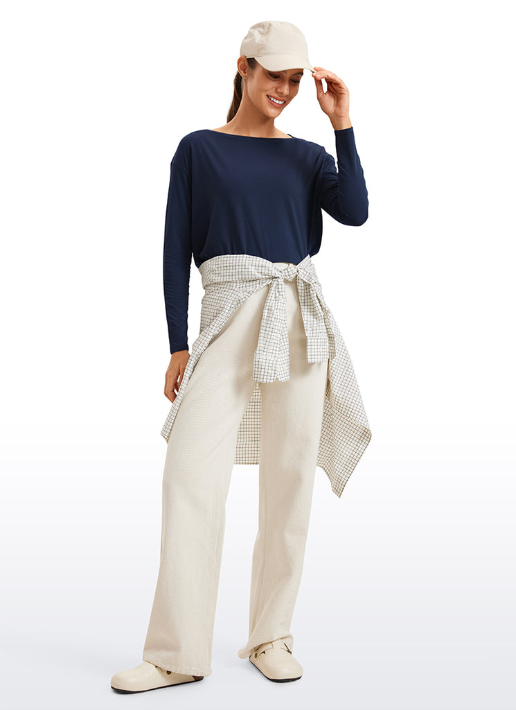 CRZ YOGA Women's Casual Loose Fit Pima Cotton Long Sleeves Boat Neck Violet Ash