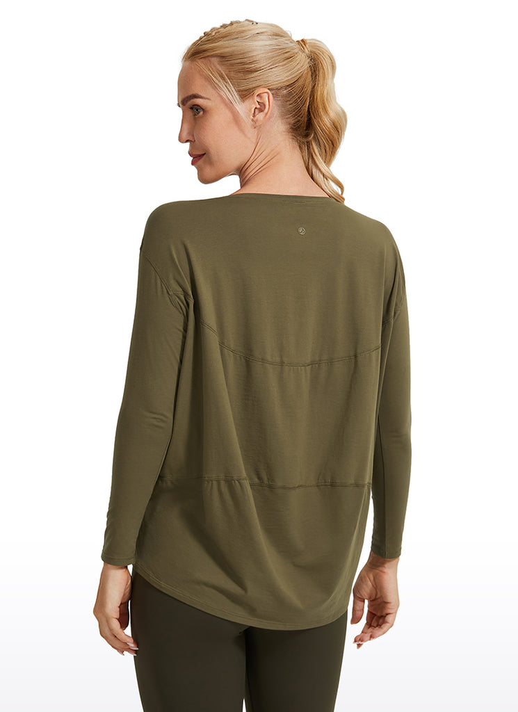 CRZ YOGA Women's Casual Loose Fit Pima Cotton Long Sleeves Boat Neck Coast stone Brown