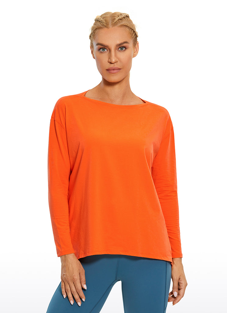 CRZ YOGA Women's Casual Loose Fit Pima Cotton Long Sleeves Boat Neck Coast stone Brown