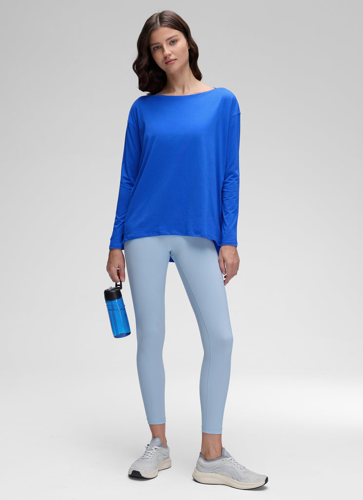 CRZ YOGA Women's Casual Loose Fit Pima Cotton Long Sleeves Boat Neck Slate Blue
