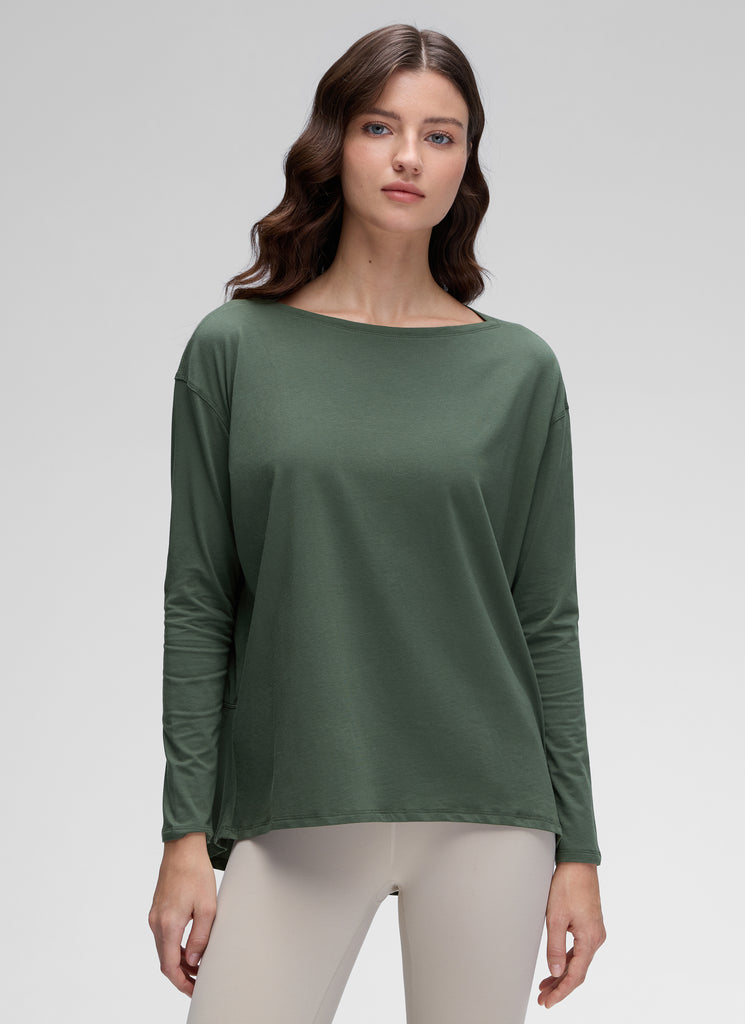 CRZ YOGA Women's Casual Loose Fit Pima Cotton Long Sleeves Boat Neck Grey Olive