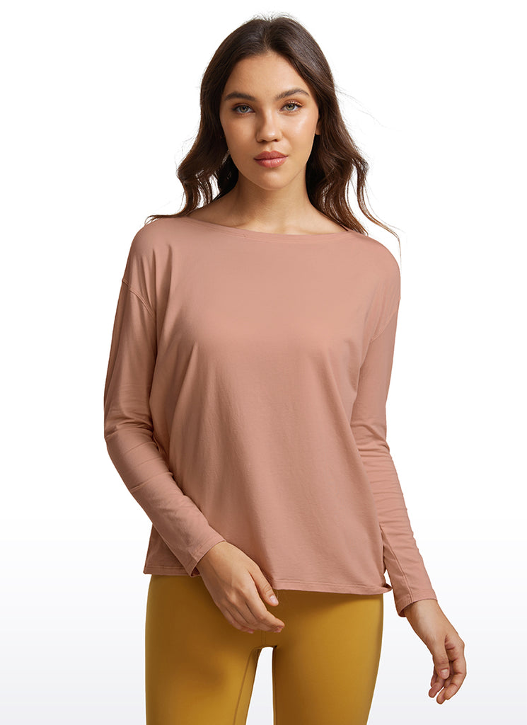CRZ YOGA Women's Casual Loose Fit Pima Cotton Long Sleeves Boat Neck Mocha Mousse