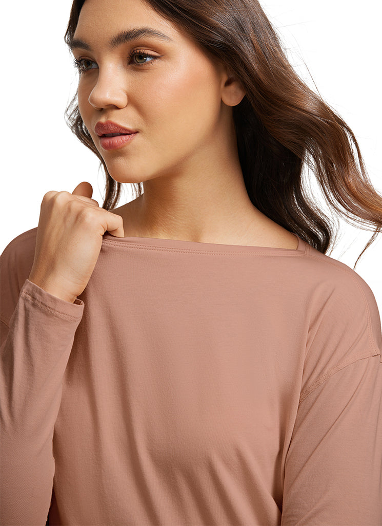 CRZ YOGA Women's Casual Loose Fit Pima Cotton Long Sleeves Boat Neck Mocha Mousse