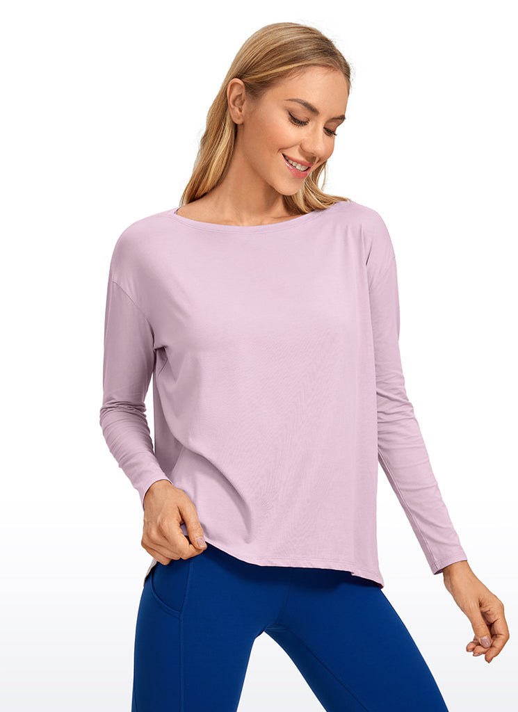 CRZ YOGA Women's Casual Loose Fit Pima Cotton Long Sleeves Boat Neck White Opal
