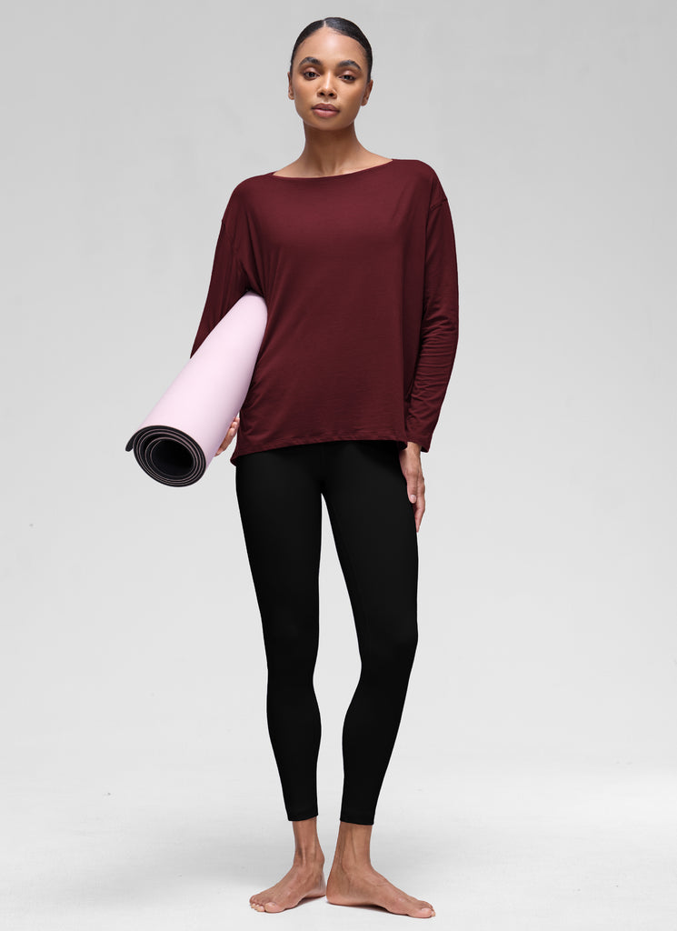 CRZ YOGA Women's Casual Loose Fit Pima Cotton Long Sleeves Boat Neck Red Merlot