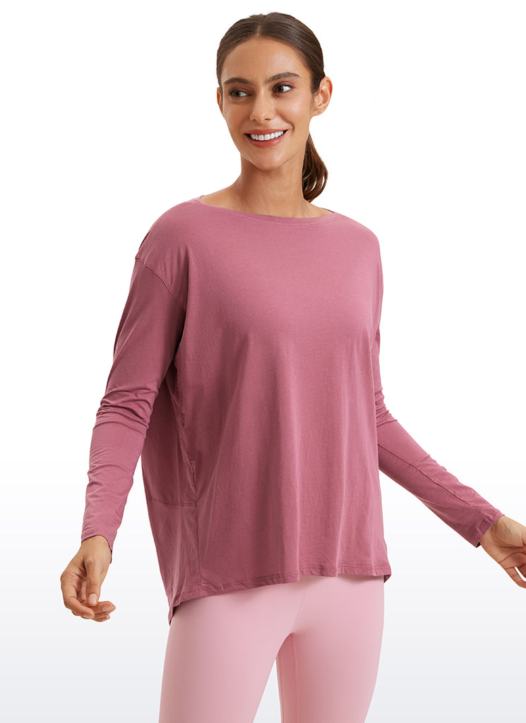 CRZ YOGA Women's Casual Loose Fit Pima Cotton Long Sleeves Boat Neck Berry heather