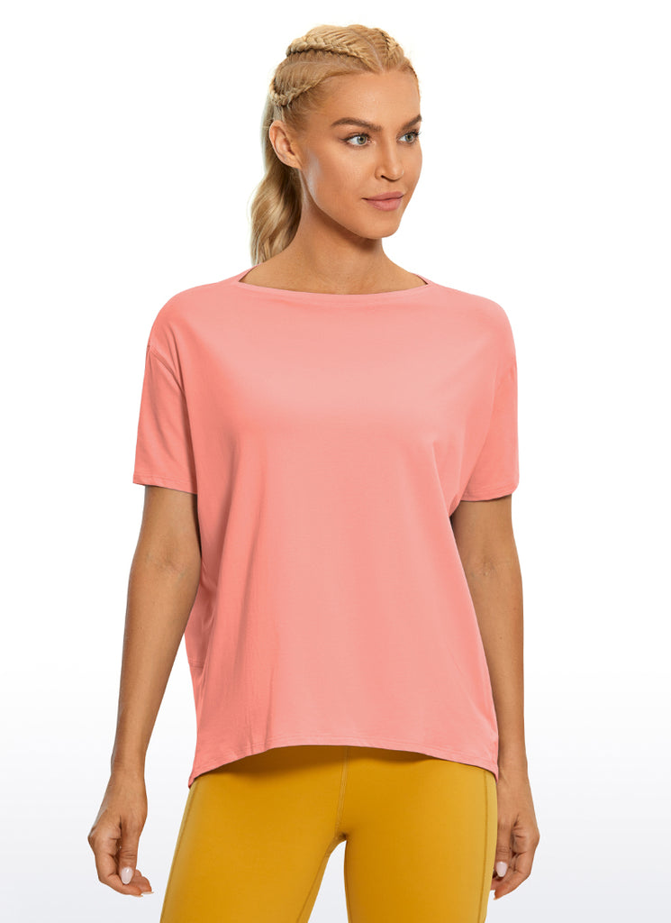 CRZ YOGA Women's Yoga Loose Fit Pima Cotton Short Sleeves Boat Neck Smoky Blush