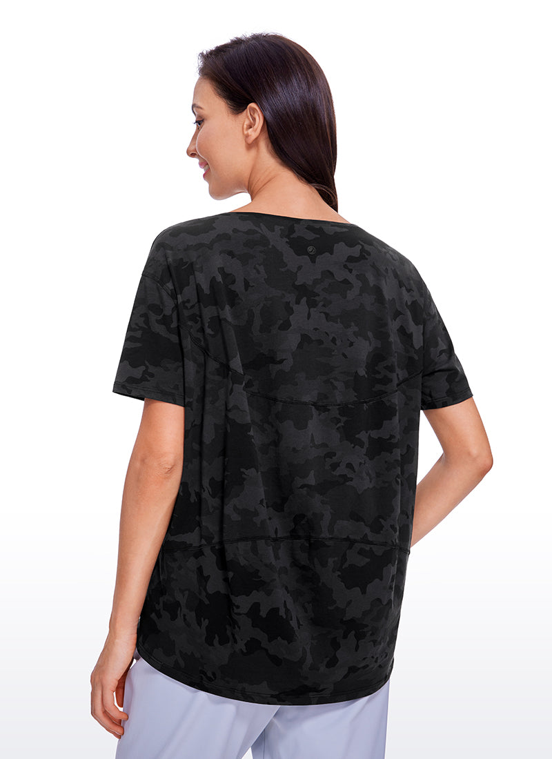 CRZ YOGA Women's Yoga Loose Fit Pima Cotton Short Sleeves Boat Neck Misty Merlot