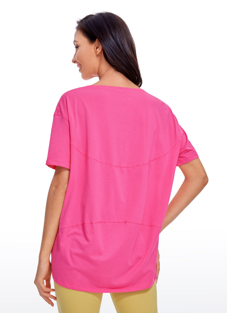 CRZ YOGA Women's Yoga Loose Fit Pima Cotton Short Sleeves Boat Neck Sonic Pink
