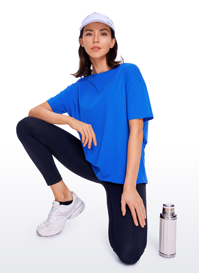 CRZ YOGA Women's Yoga Loose Fit Pima Cotton Short Sleeves Boat Neck Peach Pink