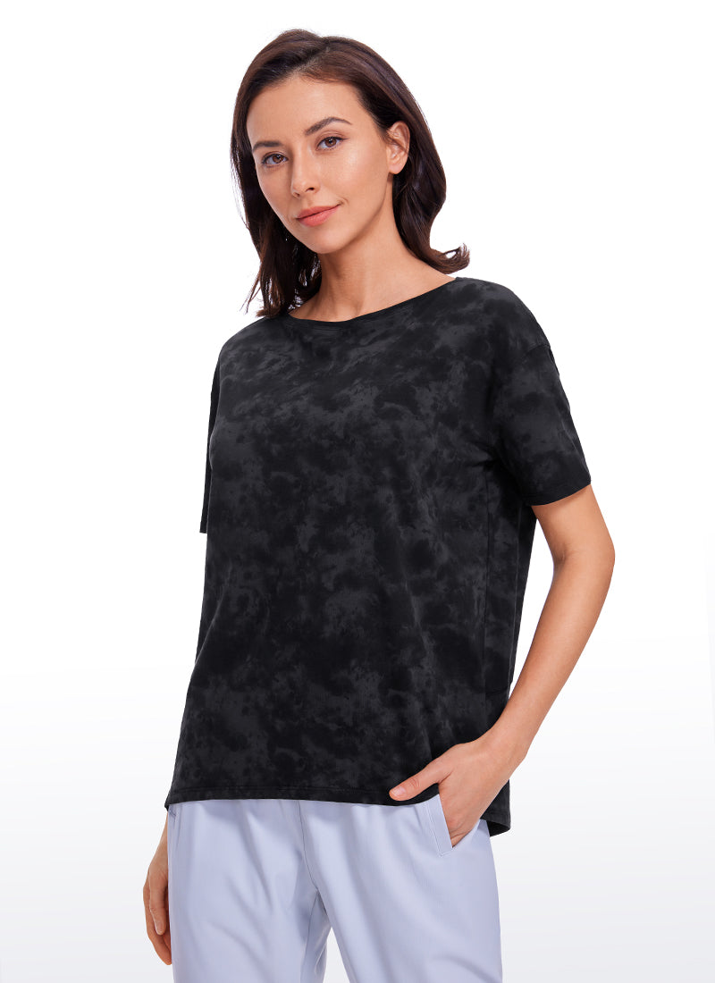 CRZ YOGA Women's Yoga Loose Fit Pima Cotton Short Sleeves Boat Neck Tie Dye Smoke Ink