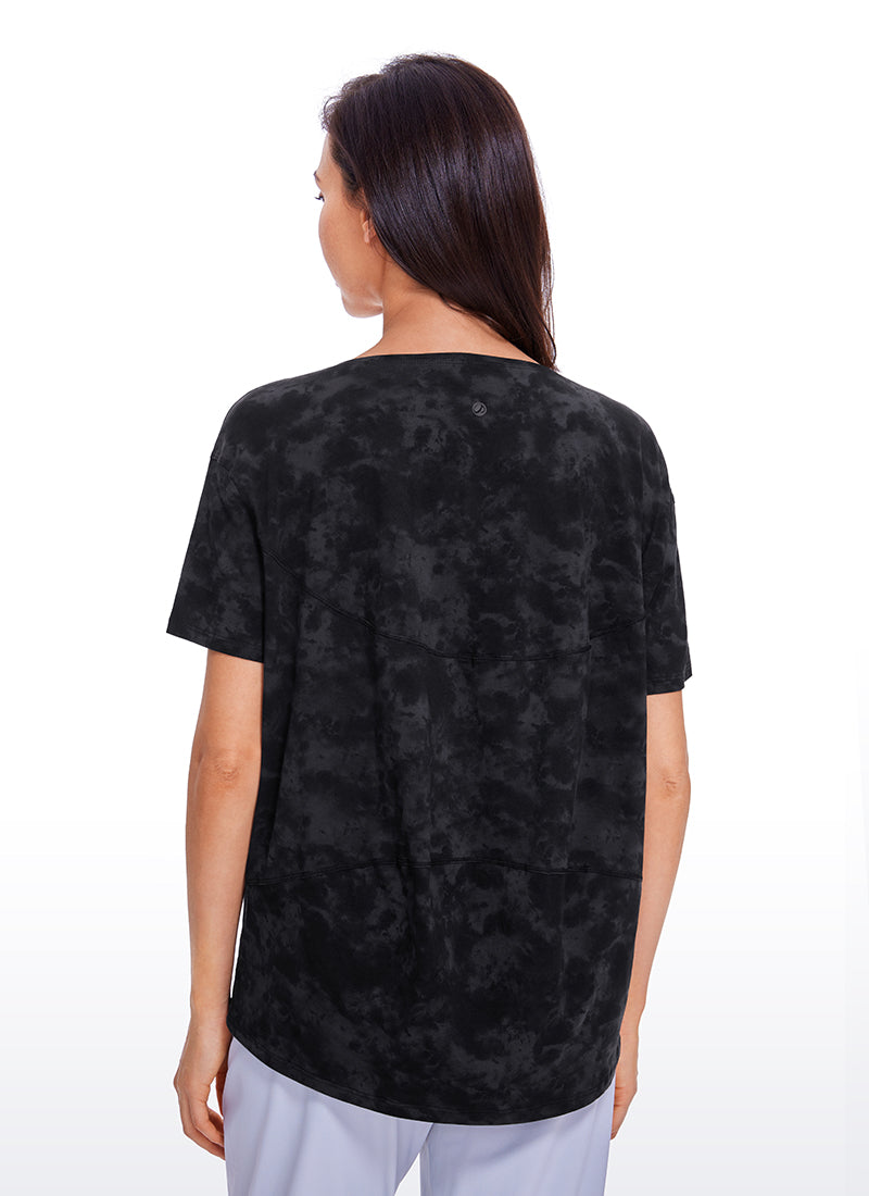 CRZ YOGA Women's Yoga Loose Fit Pima Cotton Short Sleeves Boat Neck Tie Dye Smoke Ink