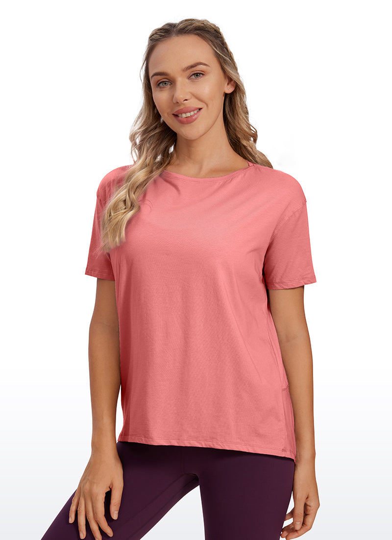 CRZ YOGA Women's Yoga Loose Fit Pima Cotton Short Sleeves Boat Neck Camo Multi 6