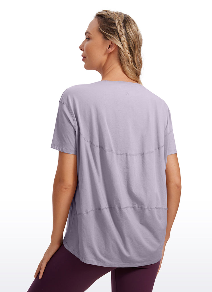 CRZ YOGA Women's Yoga Loose Fit Pima Cotton Short Sleeves Boat Neck Tinsel Purple