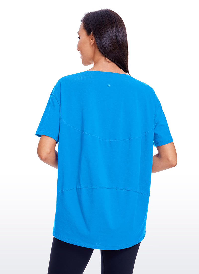 CRZ YOGA Women's Yoga Loose Fit Pima Cotton Short Sleeves Boat Neck Madagascar Blue