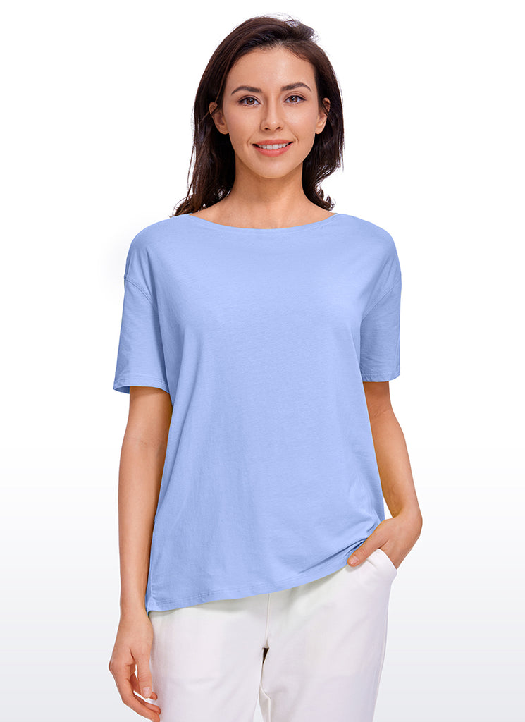 CRZ YOGA Women's Yoga Loose Fit Pima Cotton Short Sleeves Boat Neck Camo Multi 6