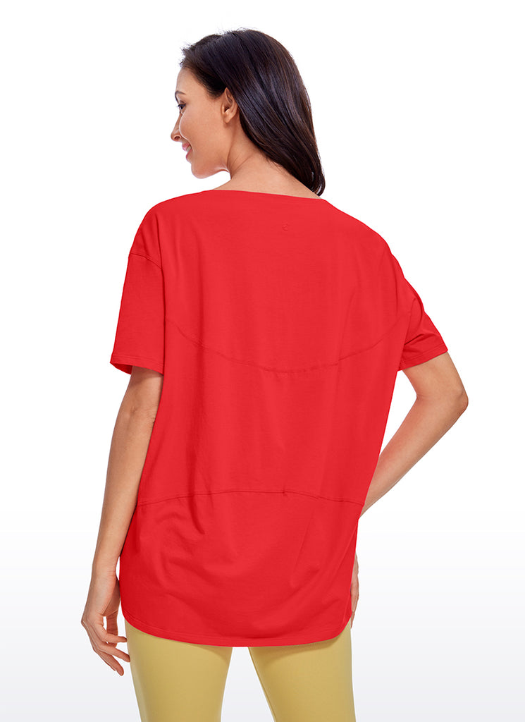 CRZ YOGA Women's Yoga Loose Fit Pima Cotton Short Sleeves Boat Neck Deep Red