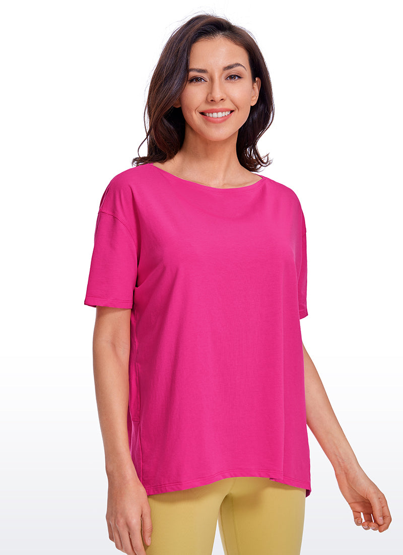 CRZ YOGA Women's Yoga Loose Fit Pima Cotton Short Sleeves Boat Neck Granita Pink