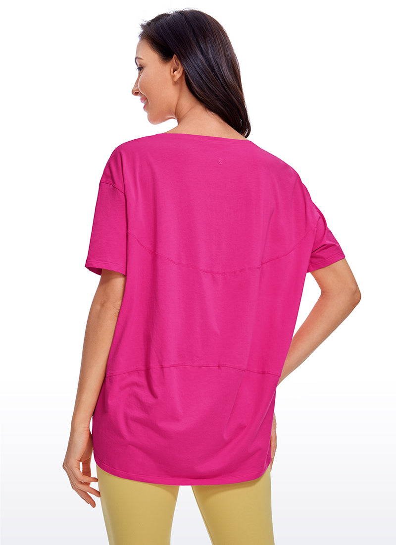 CRZ YOGA Women's Yoga Loose Fit Pima Cotton Short Sleeves Boat Neck Granita Pink