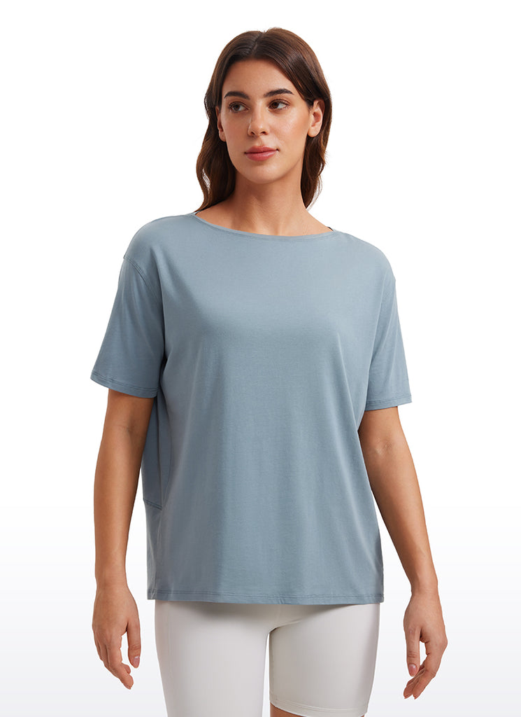 CRZ YOGA Women's Yoga Loose Fit Pima Cotton Short Sleeves Boat Neck Belgian Blue