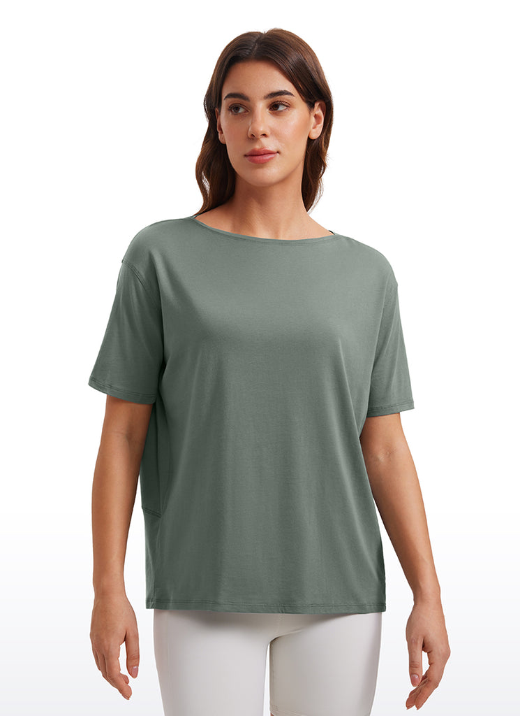 CRZ YOGA Women's Yoga Loose Fit Pima Cotton Short Sleeves Boat Neck Strawberry Pink