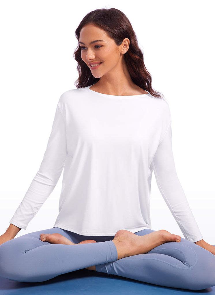 CRZ YOGA Women Butterluxe Yoga Back Hem Loose Fit Lounge Long Sleeves White