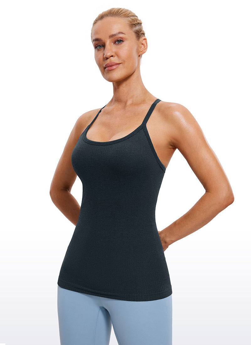 CRZ YOGA Women's Yoga Slim Fit Tops Seamless Built-in Bra Tank Y-back True Navy