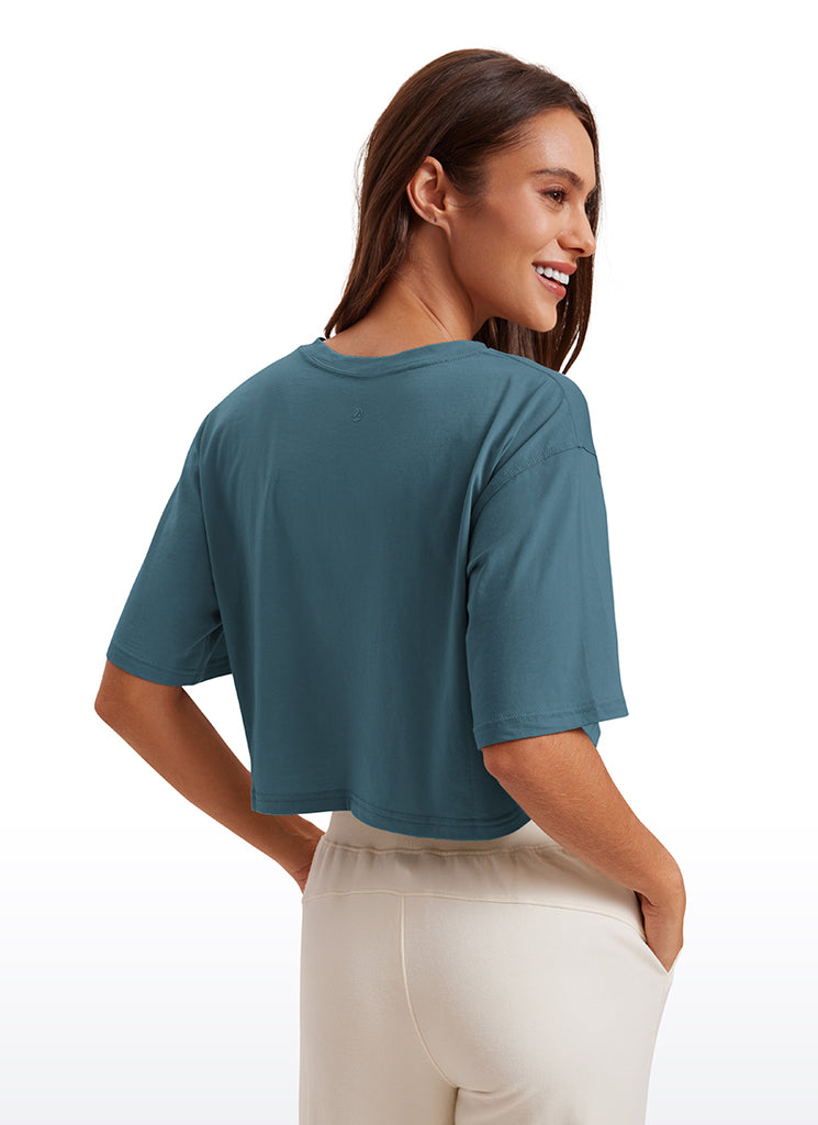 CRZ YOGA Women's Casual Loose Fit Pima Cotton Short Sleeves Cropped Slate Blue