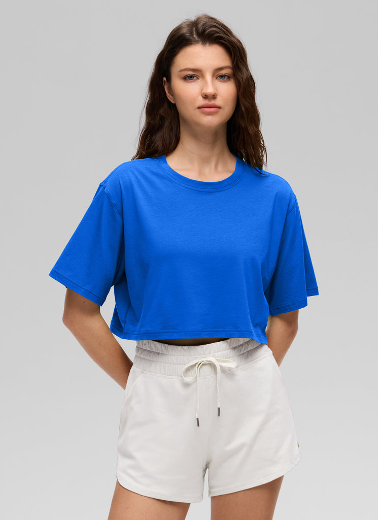 CRZ YOGA Women's Casual Loose Fit Pima Cotton Short Sleeves Cropped Grey Olive