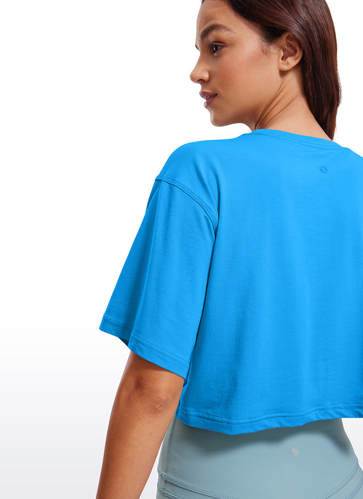 CRZ YOGA Women's Casual Loose Fit Pima Cotton Short Sleeves Cropped Madagascar Blue