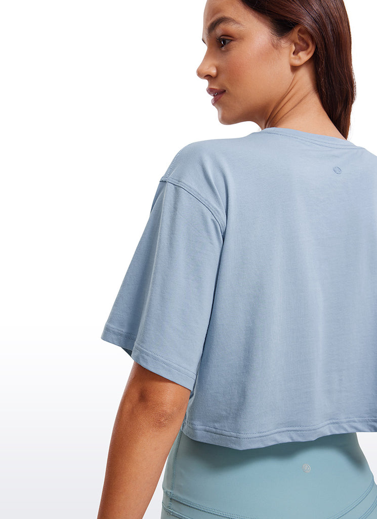 CRZ YOGA Women's Casual Loose Fit Pima Cotton Short Sleeves Cropped Cambric Blue