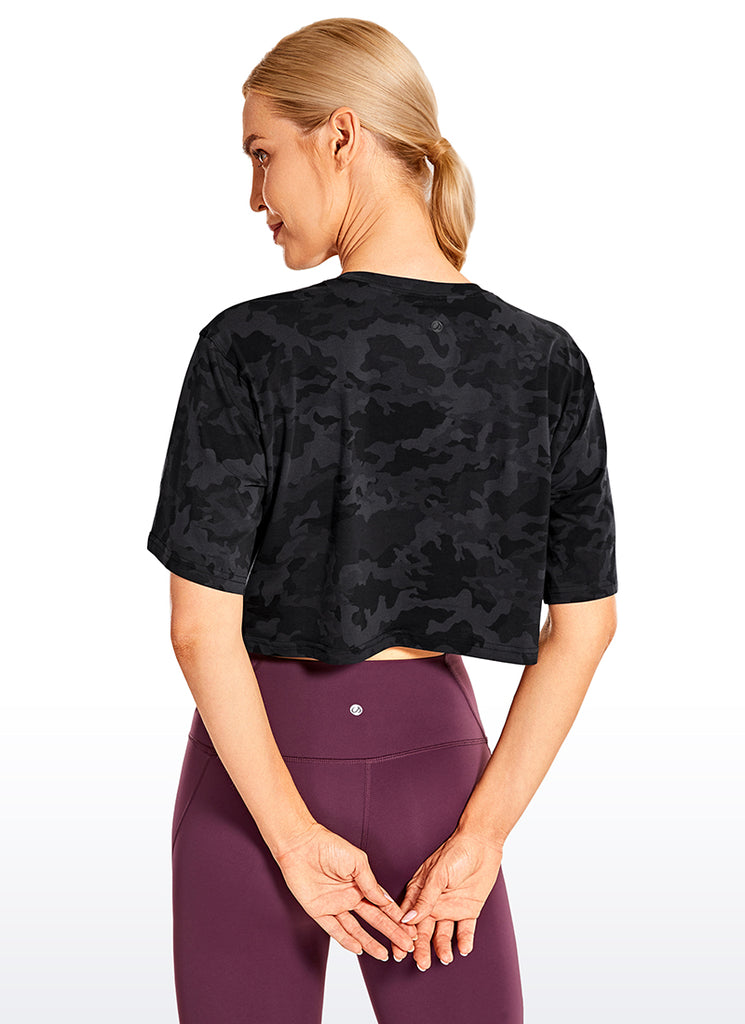 CRZ YOGA Women's Casual Loose Fit Pima Cotton Short Sleeves Cropped Camo Multi 6
