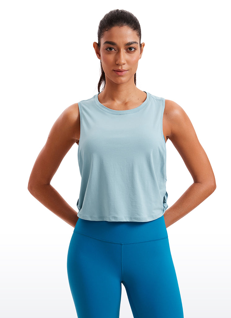 CRZ YOGA Women's Yoga Loose Fit Top Pima Cotton Crop Tank Deep Armhole Ice Grey White