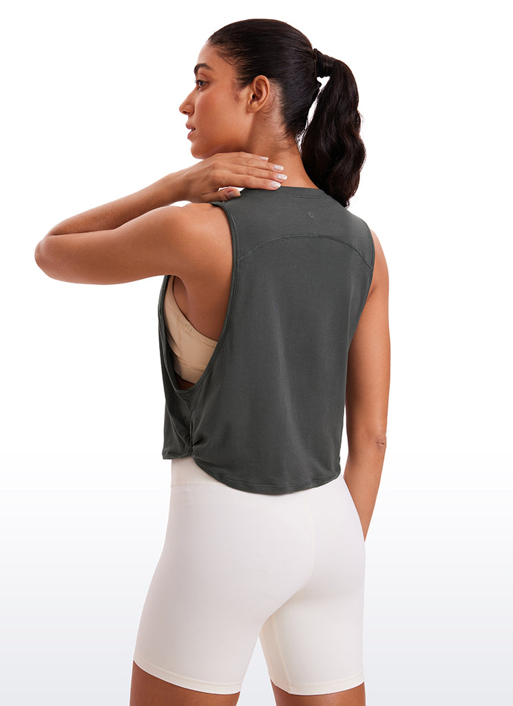 CRZ YOGA Women's Yoga Loose Fit Top Pima Cotton Crop Tank Deep Armhole Jade Grey