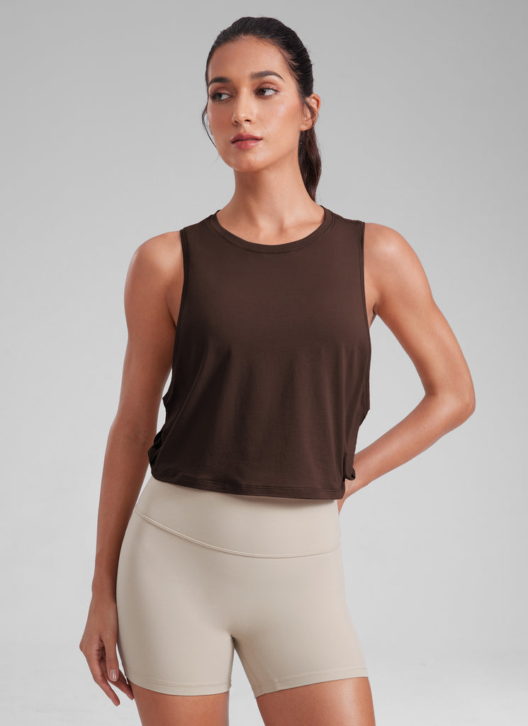 CRZ YOGA Women's Yoga Loose Fit Top Pima Cotton Crop Tank Deep Armhole Light Grey Heather