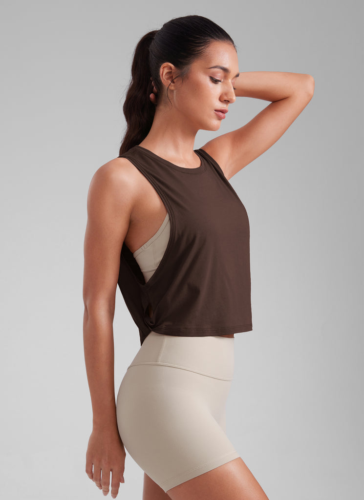 CRZ YOGA Women's Yoga Loose Fit Top Pima Cotton Crop Tank Deep Armhole Light Grey Heather