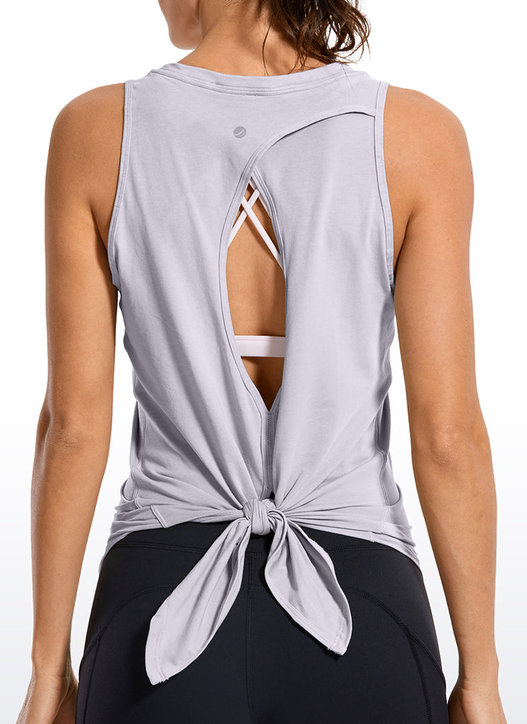 CRZ YOGA Women's Yoga Loose Fit Tops Pima Cotton Tank Split Open Back Ice Grey White