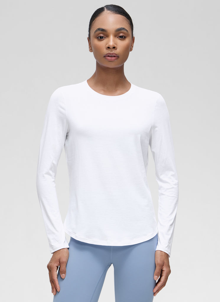 CRZ YOGA Women's Yoga Classic Fit Tops Pima Cotton Workout Long Sleeve White