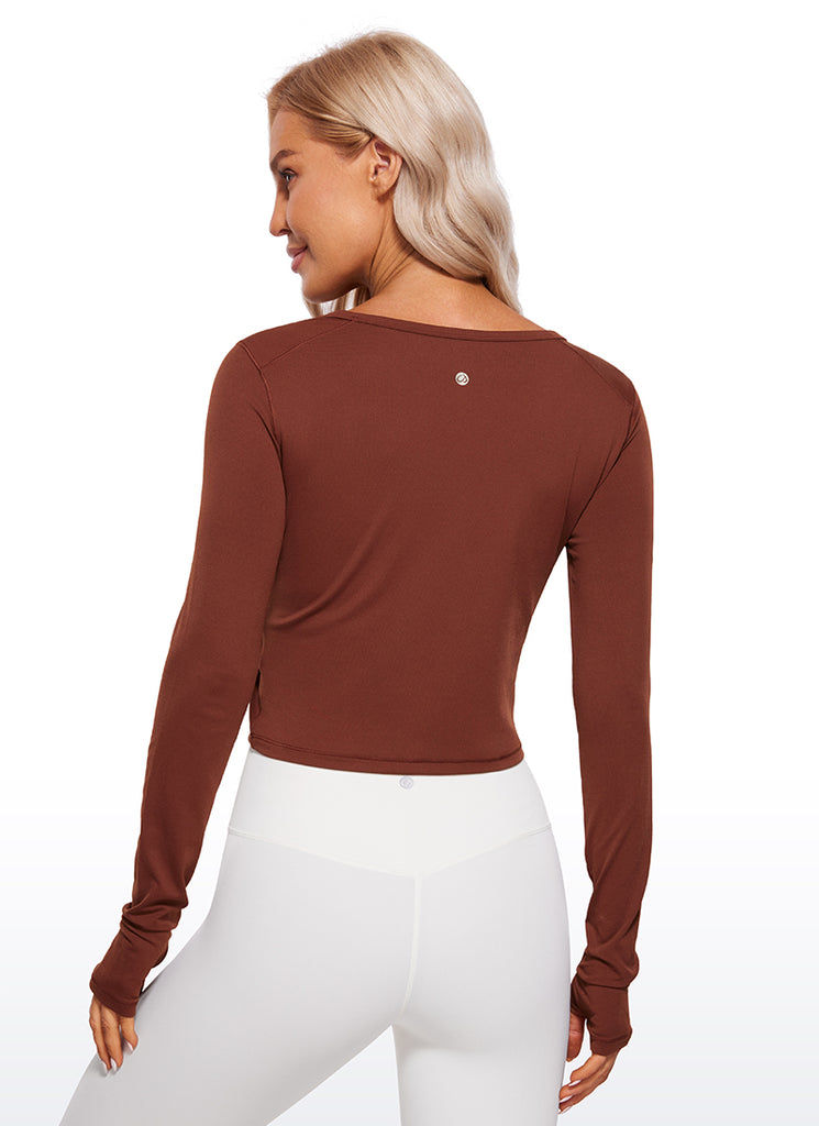 CRZ YOGA Women's Run Train Slim Fit Tops Brushed Long Sleeves Cropped Jujube Brown