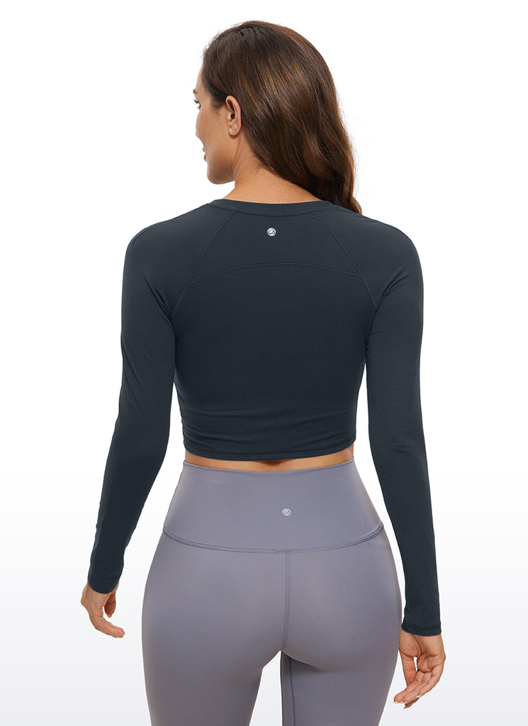 CRZ YOGA Women's Run Train Slim Fit Tops Brushed Long Sleeves Cropped French Navy