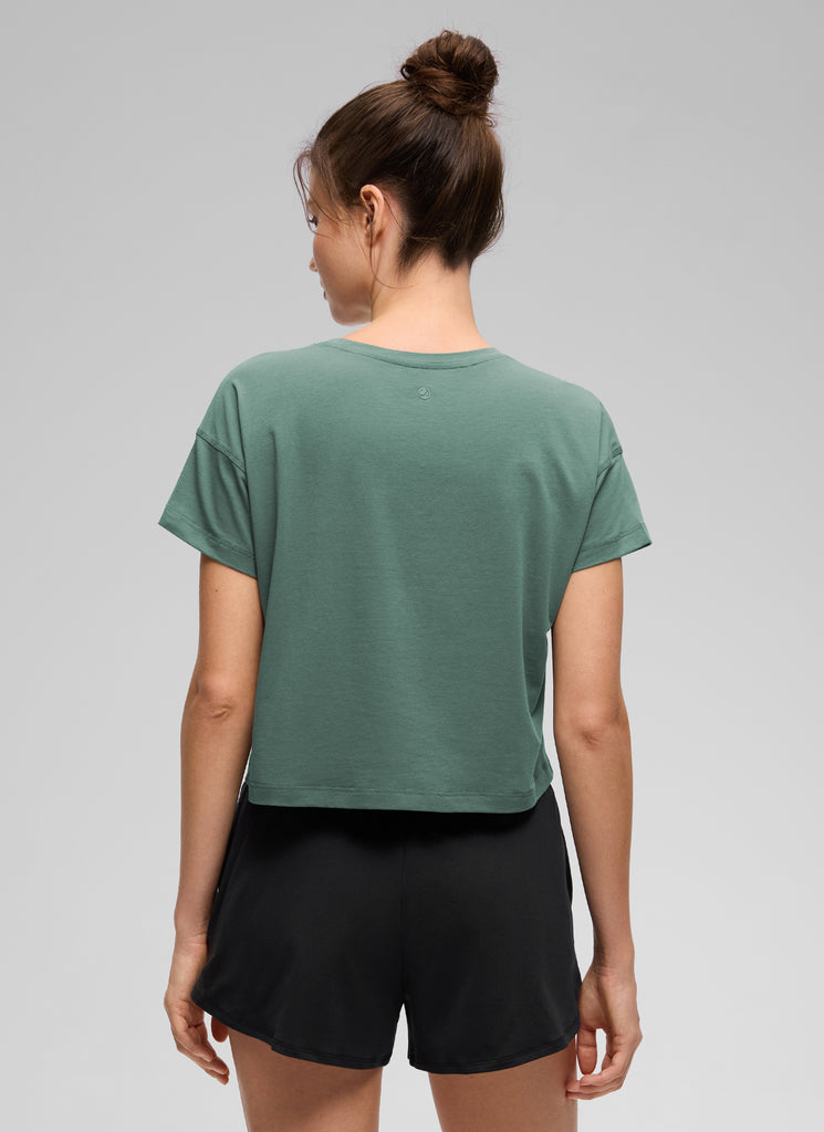 CRZ YOGA Women's Yoga Relaxed Fit Shirt Pima Cotton Crop Short Sleeves Graphite Green