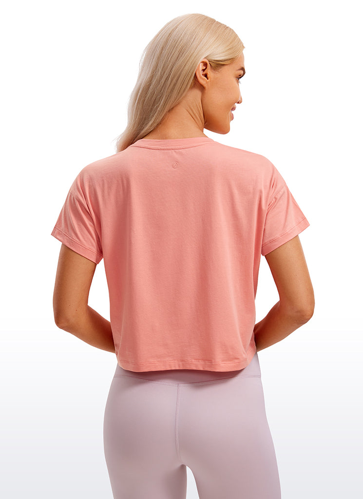 CRZ YOGA Women's Yoga Relaxed Fit Shirt Pima Cotton Crop Short Sleeves Sonic Pink